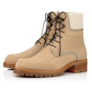 Christian Louboutin Trapman Flat Atlas Beige Suede Combat Lace Up Boot 44.5 11.5